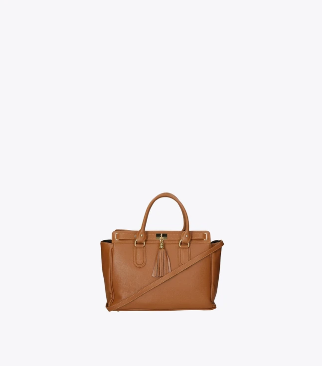 Stylish Italian Leather Tote Bag with Double Handles and Tassel Decoration for Women
