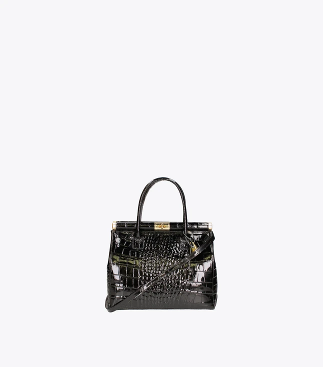 Vintage Leather Crocodile Print Handbag for Women with Back Pocket and Removable Strap
