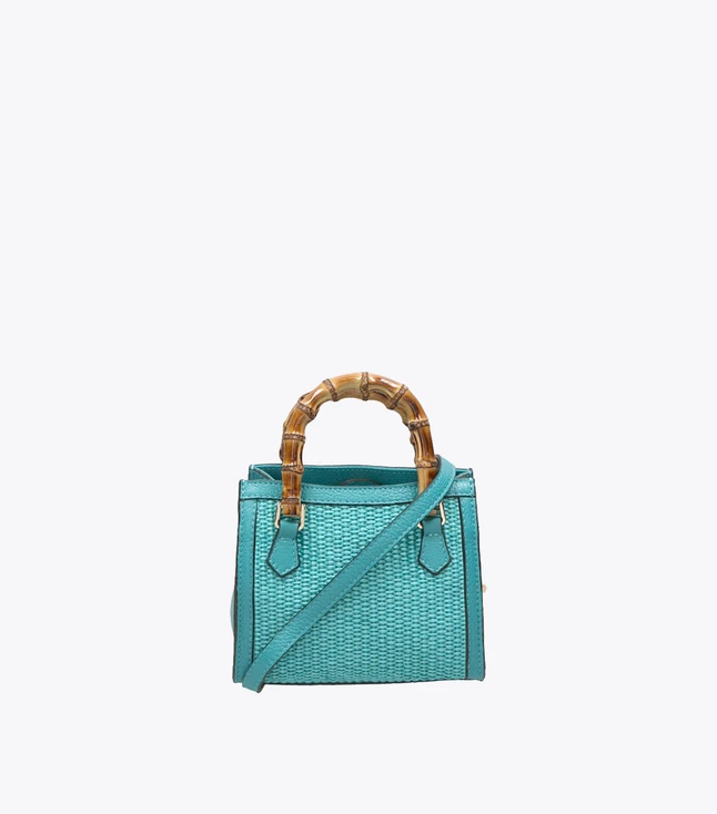 Vintage Leather and Woven Handbag with Bamboo Handles for Women

