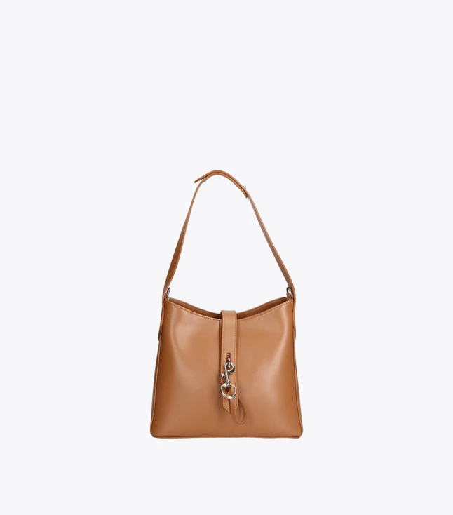 Stylish Italian Leather Shoulder Bag for Women with Spring Hook Closure and Removable Strap
