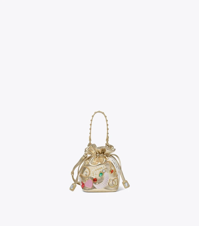 Glam Metallic Drawstring Bucket Bag With Chain Handle for Evening