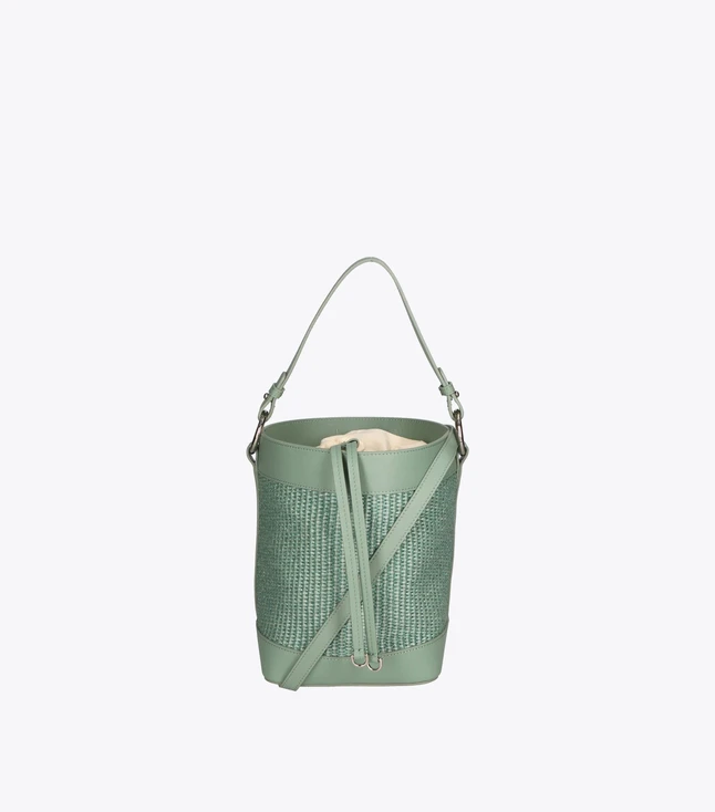 Elegant Leather and Straw Bucket Bag for Women with Lace Closure and Removable Shoulder Strap
