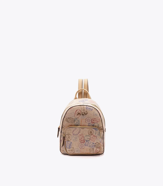 Casual Travel Backpack Passport Stamp Print Canvas Leather Trim