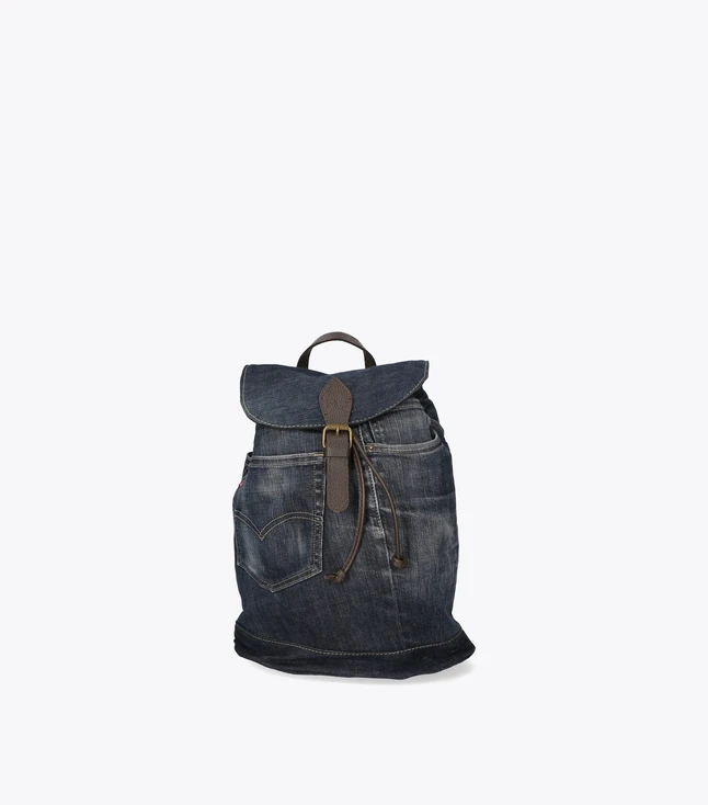Vintage Denim Leather-Accented Backpack for Women with External Pockets
