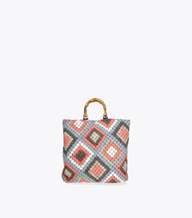 Boho Beaded Wool Handbag with Bamboo Handle for Women
