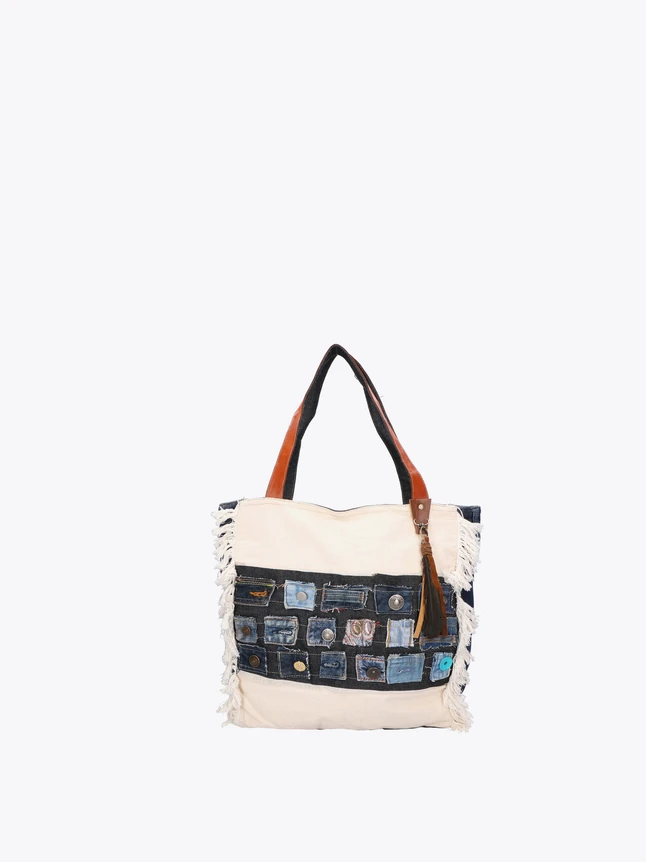 Patchwork Canvas And Denim Tote Bag with Fringe Detailing for Everyday Use
