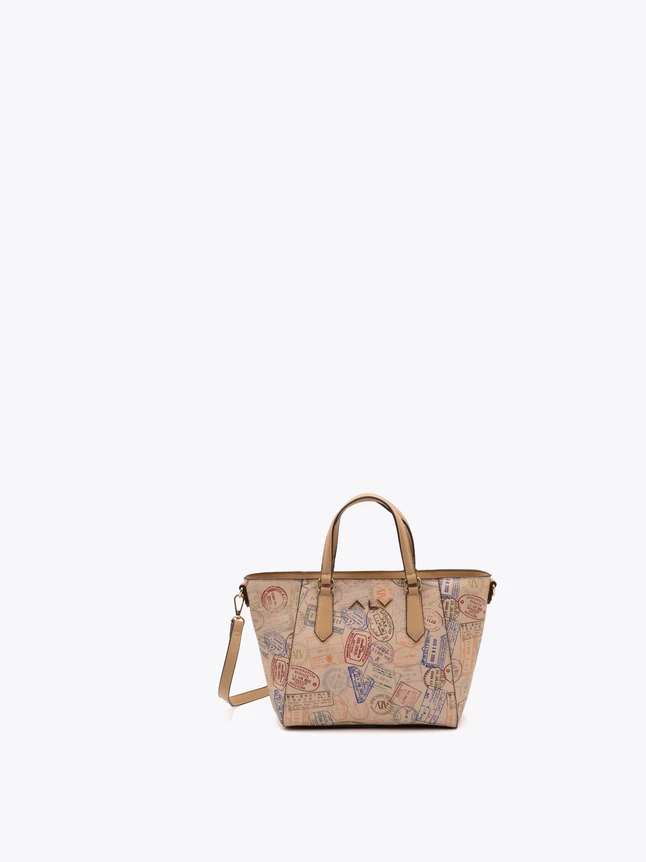 Casual Canvas Tote Bag with Stamp Print And Leather Trim for Daily Use