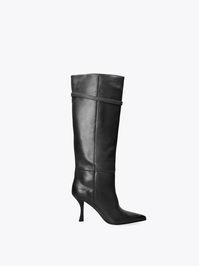 Luxe Leather Knee High Boots Pointed Toe Stiletto Heel And Strap Accent