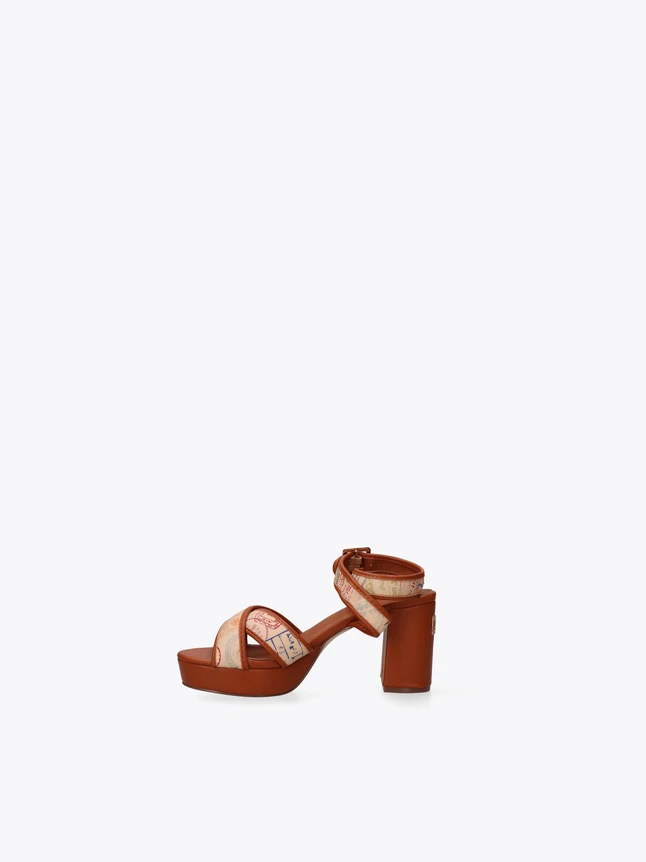 Luxe Platform Ankle Strap Block Heel Sandals With Geo Print Canvas Leather