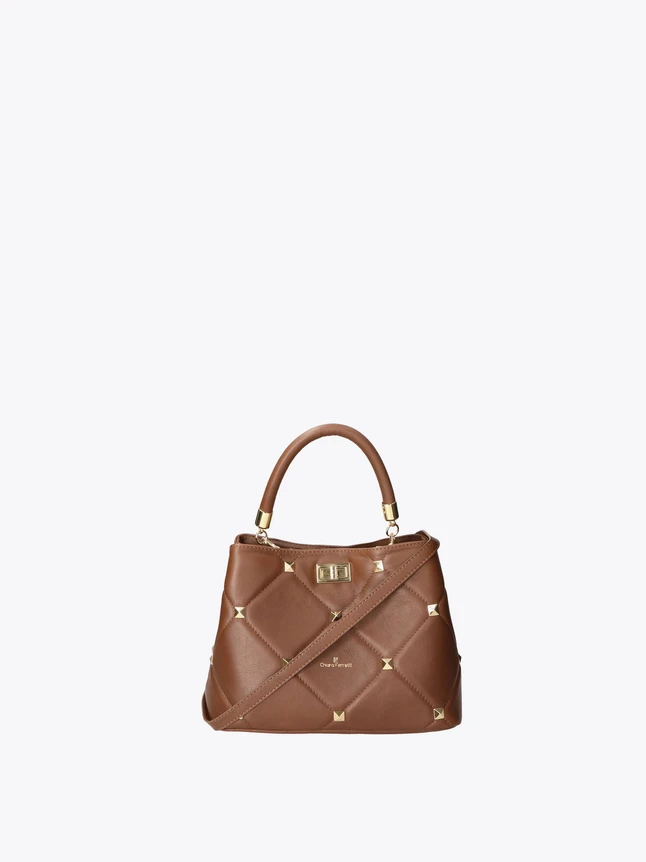 Quilted Leather Studded Satchel Bag with Top Handle And Crossbody Strap