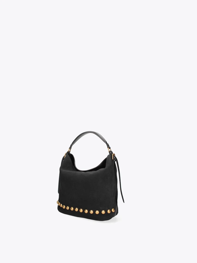 Suede Hobo Shoulder Bag with Stud Embellishment and Leather Trim for Everyday Chic
