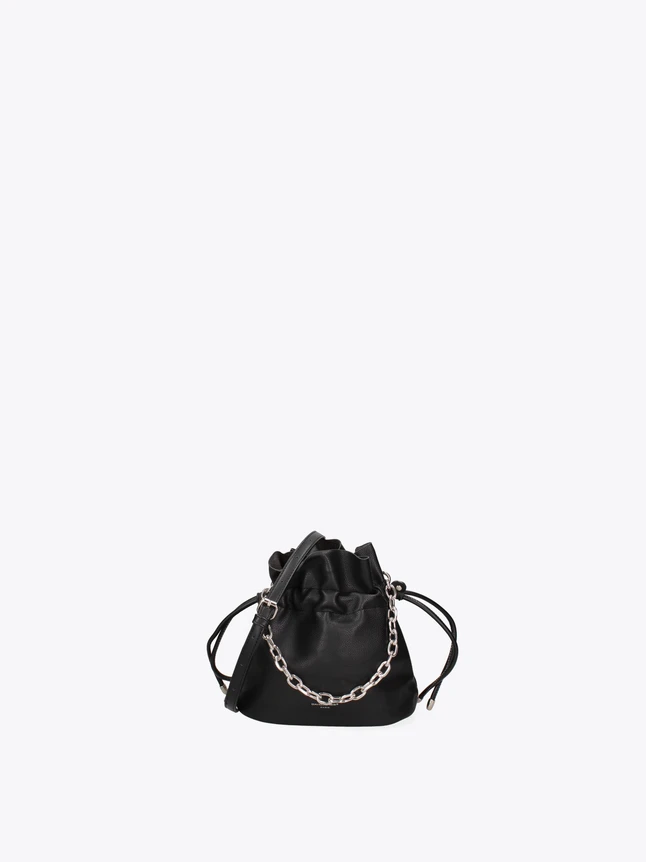 Premium Leather Ruched Drawstring Bucket Bag with Chain Accent Shoulder Bag