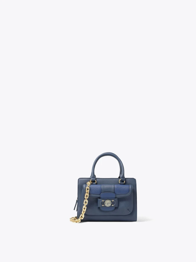 Leather Top Handle Satchel Bag with Chain Strap And Front Turn Lock Pocket