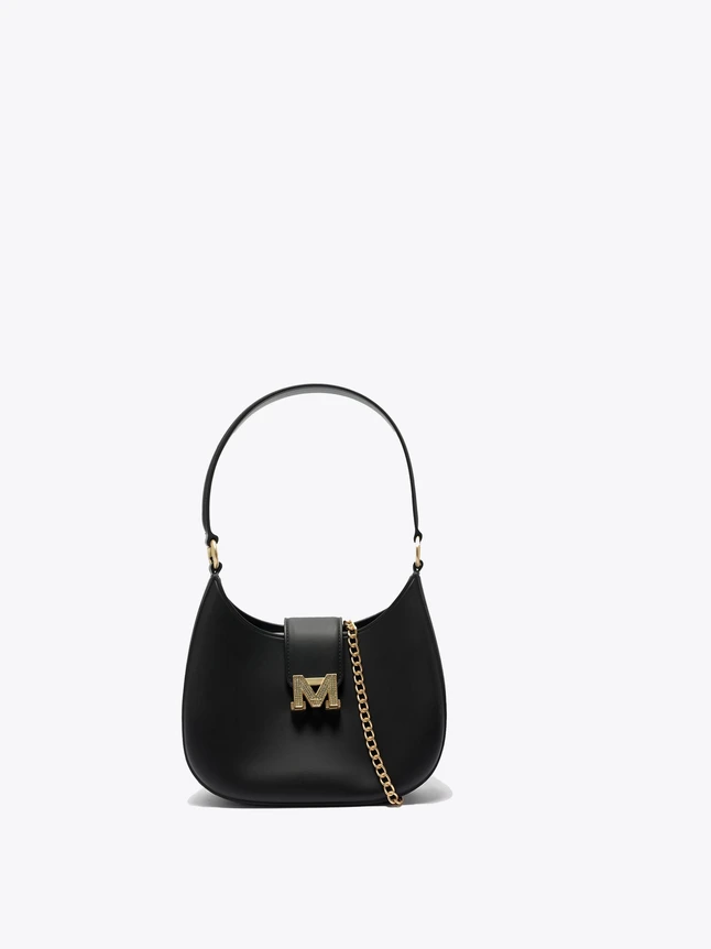 Leather Crescent Top Handle Bag with Gold Chain for Evening Use