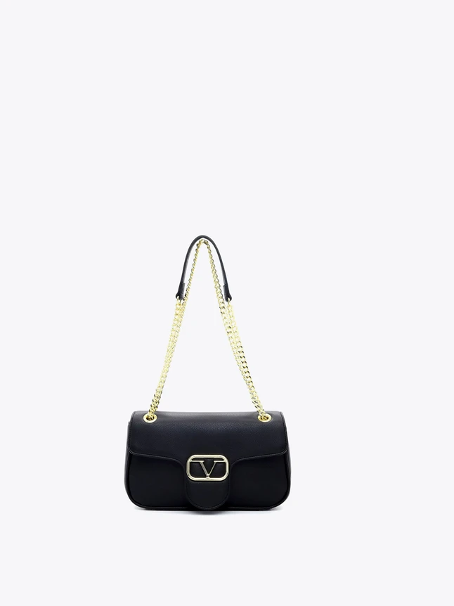 Classic Leather Shoulder Bag with Chain Strap And Logo Front Clasp for Evening