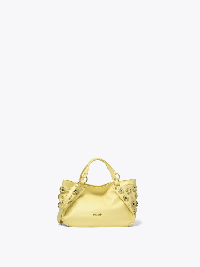 Embellished Leather Satchel Handbag With Studded Detailing And Crossbody Strap