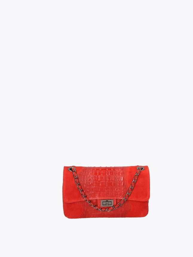 Flap Crossbody Bag with Crocodile Embossed Leather Chain Strap for Evening