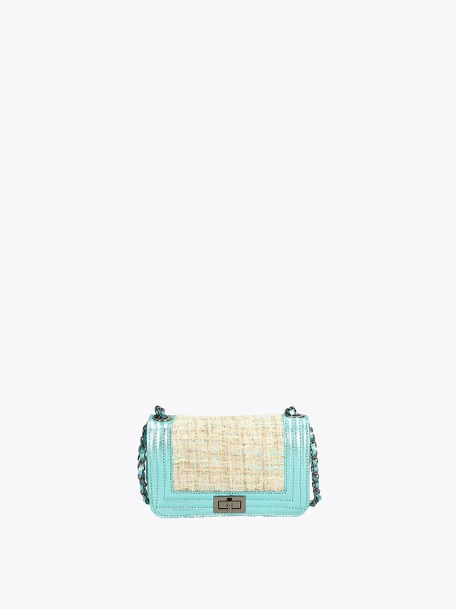 Woven Straw Panel Leather Trim Mini Crossbody Bag Chain Strap for Evening Outings