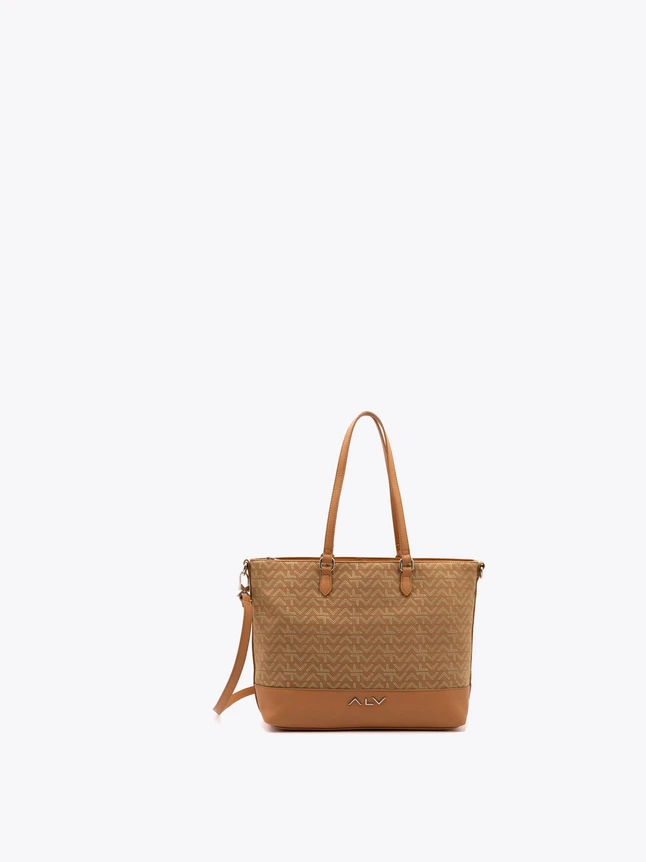 Monogram Pattern Canvas Tote Bag with Leather Trim for Everyday Use