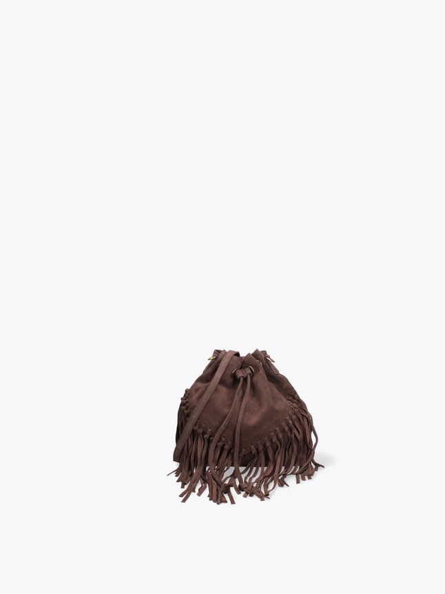 Luxe Suede Fringe Bucket Bag Drawstring Closure Bohemian Style