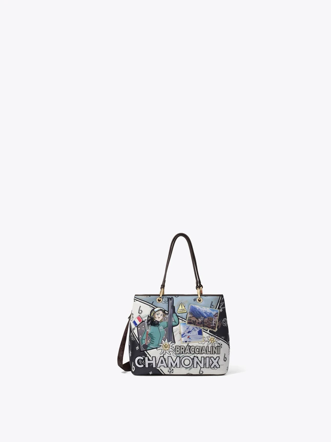Chamonix Illustrated Faux Leather Top Handle Shoulder Bag Unique Print
