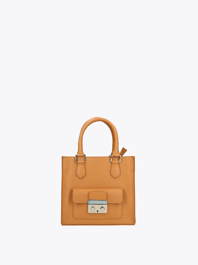 Boxy Leather Top Handle Handbag Front Pocket Lock Clasp for Everyday Use
