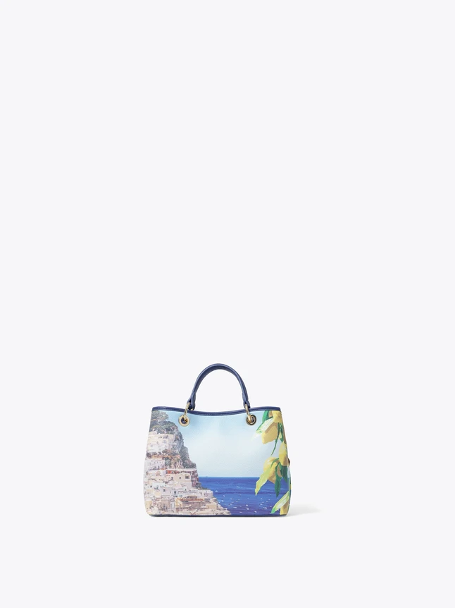 Mediterranean Coastal Canvas Tote With Scenic Print For Elegant Resort Wear