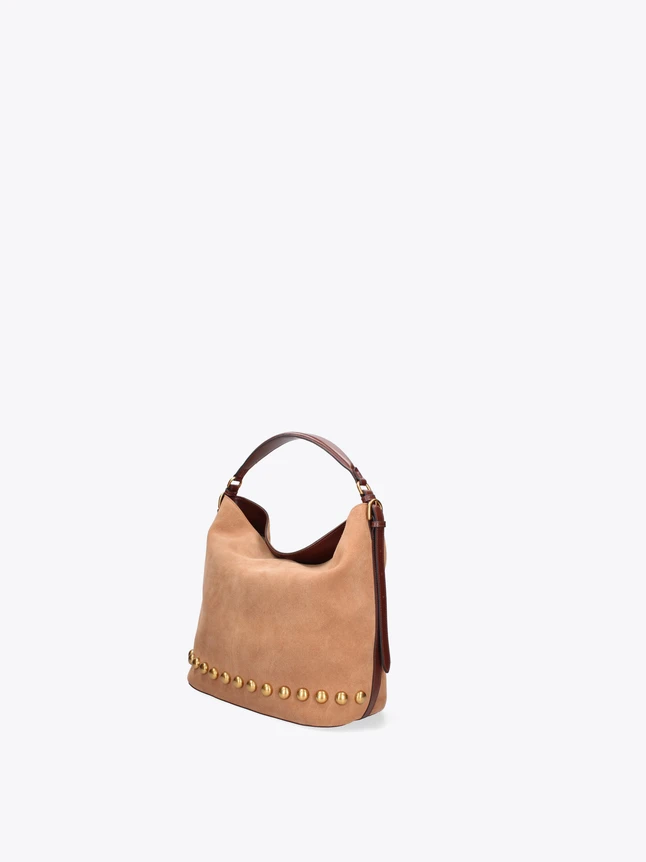 Suede Hobo Shoulder Bag with Stud Embellishment and Leather Trim for Everyday Chic