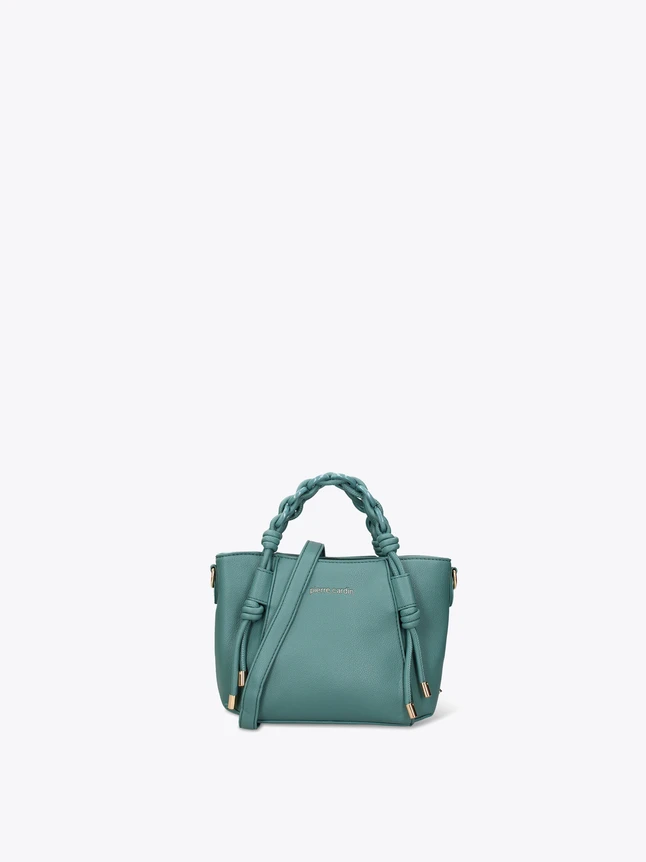 Pebbled Leather Handbag With Braided Top Handle And Knotted Side Details For Chic Style