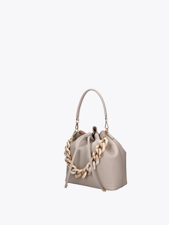 Chic Leather Drawstring Bucket Bag Featuring Statement Chain Top Handle