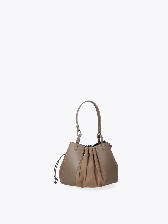 Leather Bucket Bag with Drawstring Closure And Suede Insert for Everyday Use