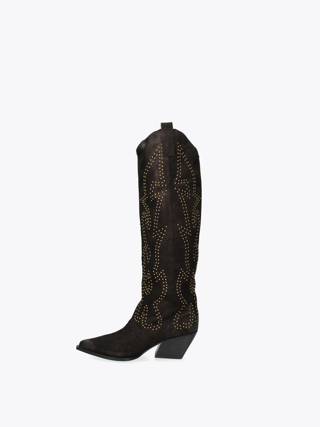Chic Suede Western High Boots Adorned With Striking Stud Accents