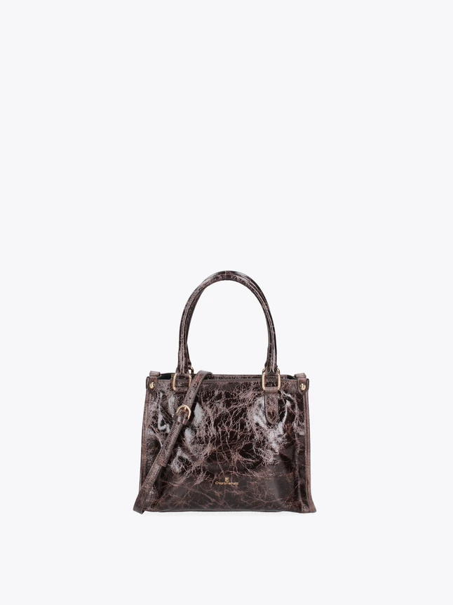 Crinkled Patent Leather Tote Bag for Everyday Use with Crossbody Strap