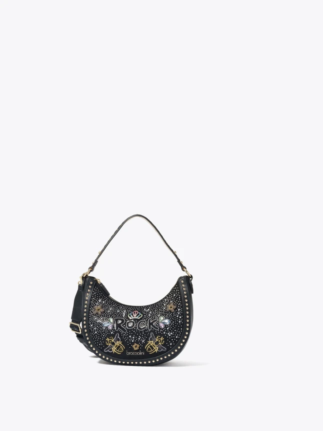 Studded Leather Shoulder Bag For Evening Out Crescent Design