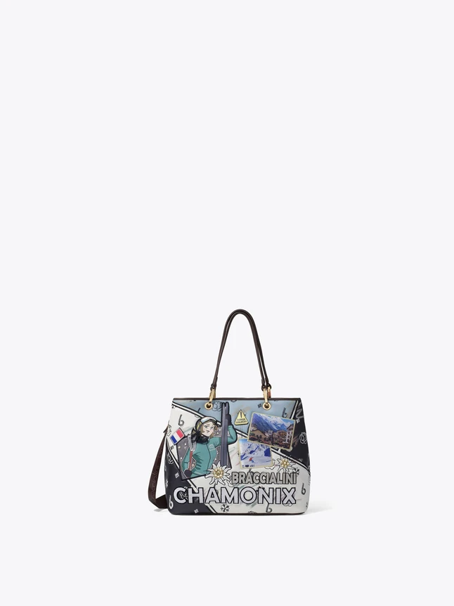 Graphic Print Canvas Tote Bag with Leather Trim for Daily Use