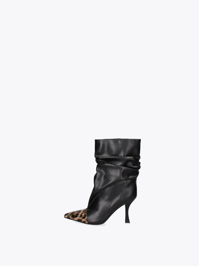 Slouchy Leather Stiletto Boot with Pointed Leopard Print Toe
