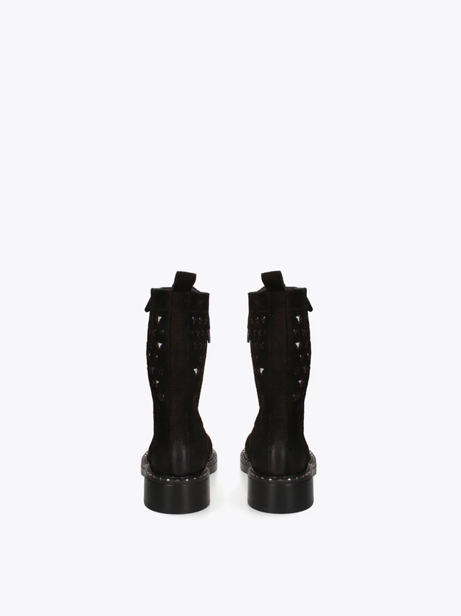 Lux Suede Mid Calf Boot With Star Perforations And Lace Up Detail