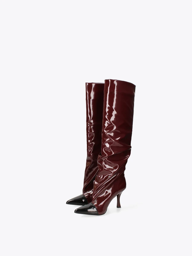 Chic Draped Leather High Boots With Glossy Pointed Toe For Modern Elegance