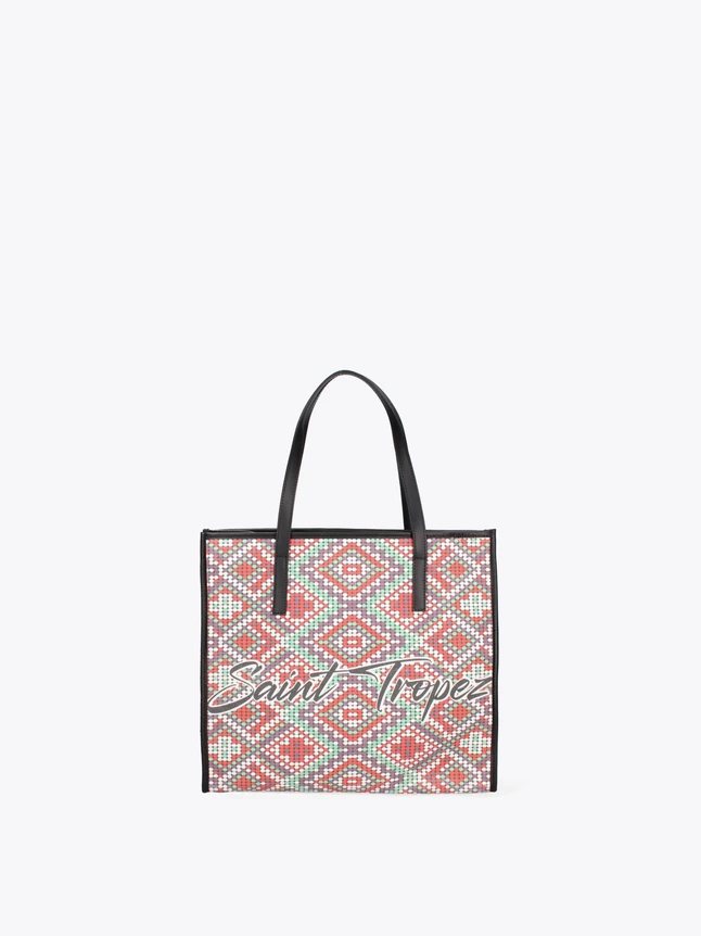Boho Textile Tote with Geometric Ikat Pattern And Leather Handles for Daily Use