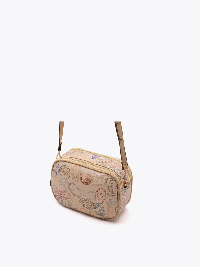 Vintage Stamp Print Vegan Leather Crossbody Bag for Daily Adventures