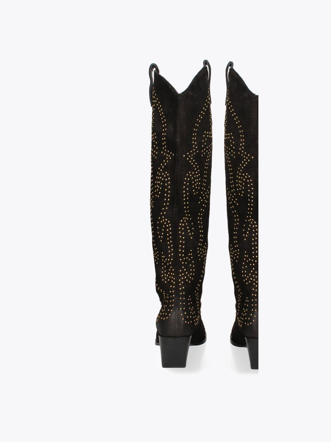 Chic Suede Western High Boots Adorned With Striking Stud Accents