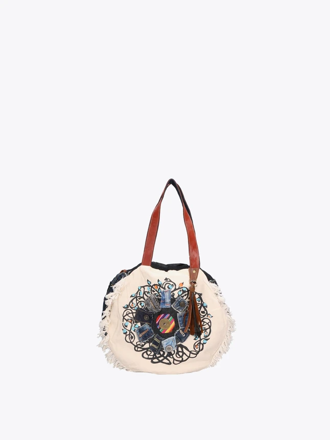 Bohemian Embroidered Canvas Round Tote Bag with Fringe Handles for Everyday Use