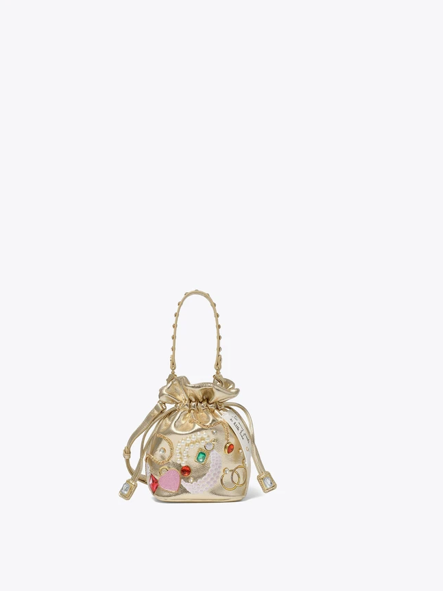 Glam Metallic Drawstring Bucket Bag With Chain Handle for Evening