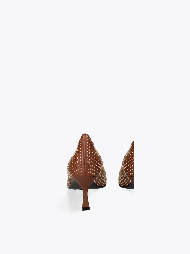 Glamorous Metallic Studded Pointed Toe Leather Kitten Heel Pumps For Evening
