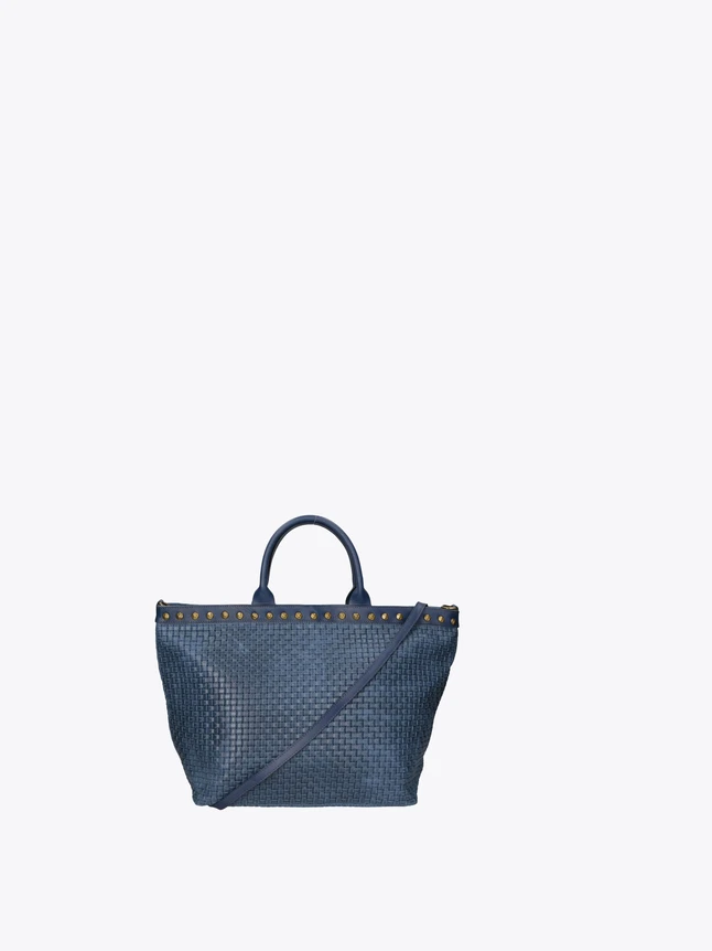 Woven Leather Tote Bag with Studded Trim and Top Handles for Everyday Use