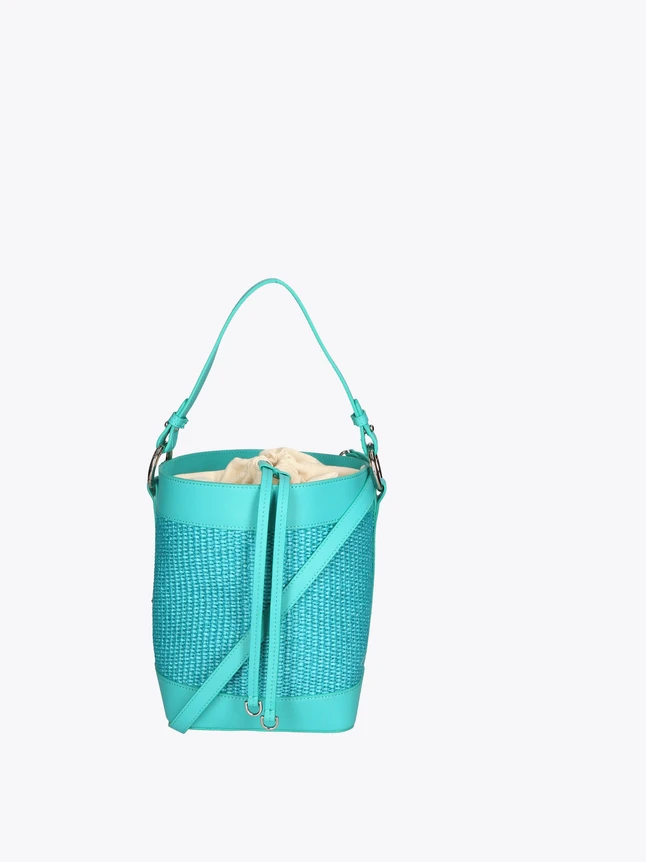 Woven Raffia Leather Trim Bucket Bag with Drawstring Closure for Summer Chic