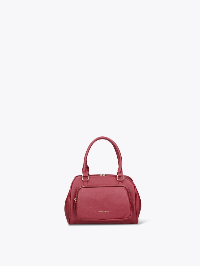 Refined Grained Leather Boston Shoulder Bag with Top Handles and Front Pocket