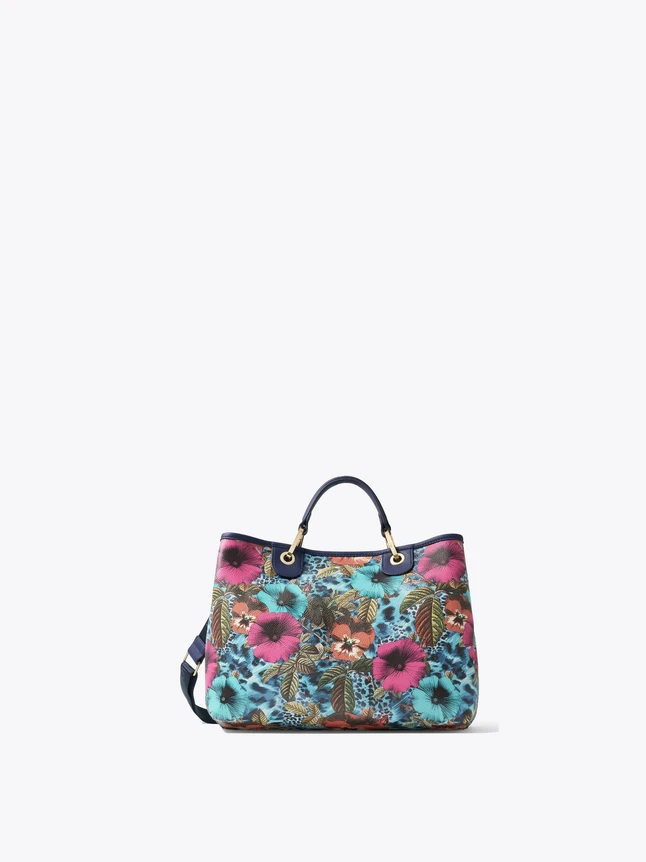 Floral Print Canvas Tote Bag Top Handles Removable Strap Everyday Use