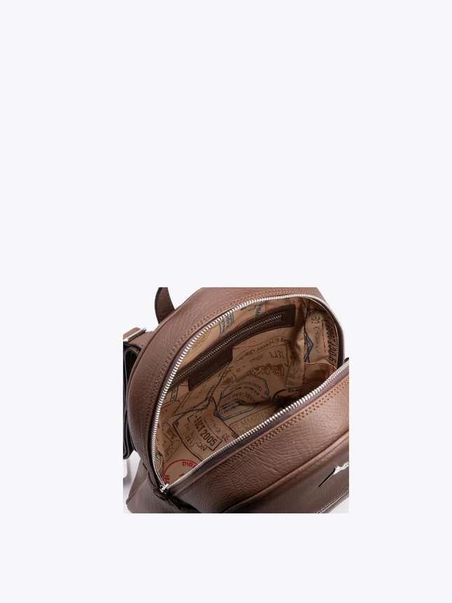 Grained Leather Travel Backpack with Passport Stamp Lining Everyday Luxury