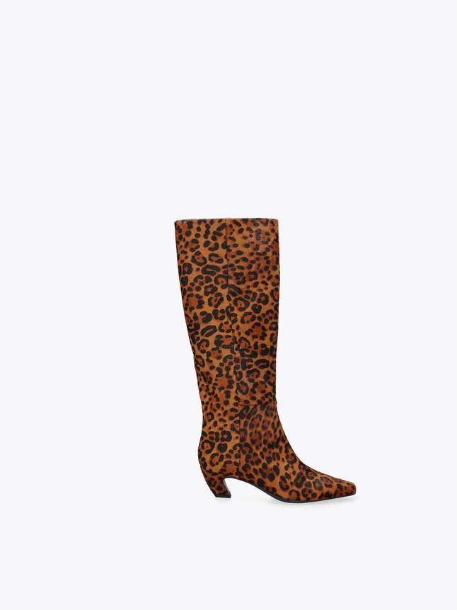 Leopard Print Suede Pointed Toe Kitten Heel High Boots Chic Accessory